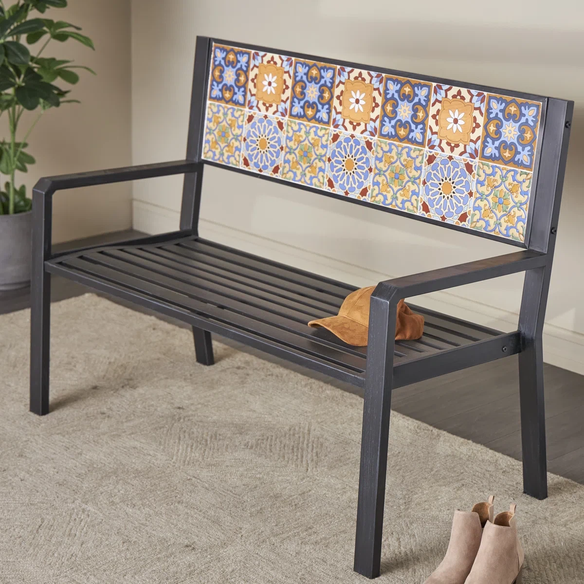 Black Metal Floral Scroll Mosaic Patio Outdoor Bench With Orange And Blue Patterns