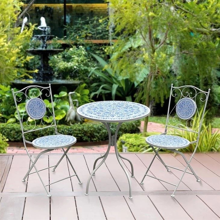 Patio Bistro Sets 3 Pieces Ceramic Round Table With 2 Folding Chairs Outdoor