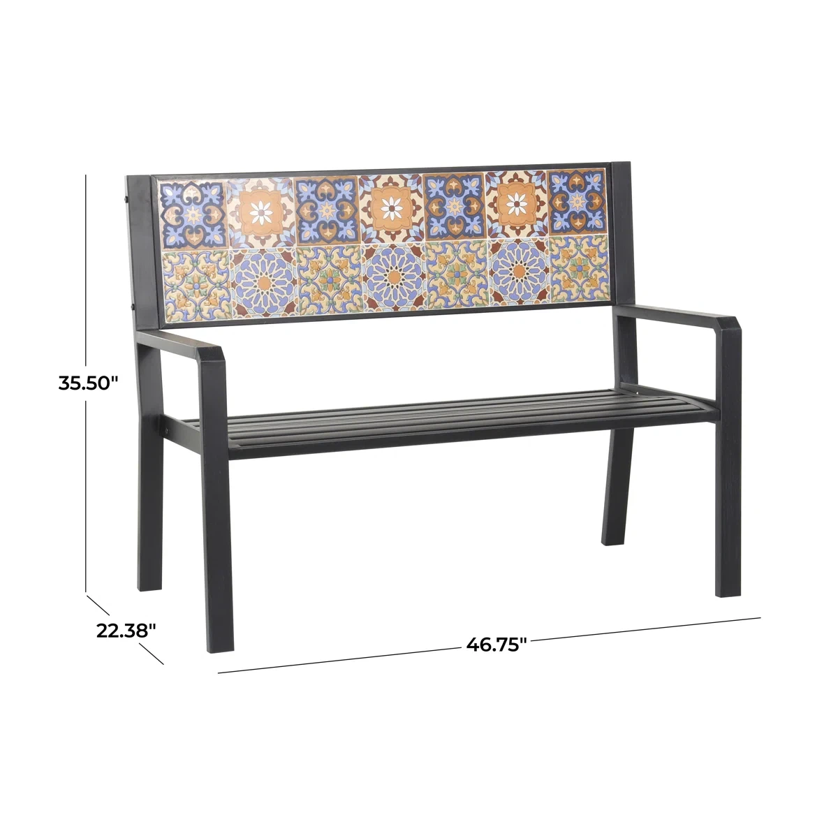 BlackMetalFloralScrollMosaicPatioOutdoorBenchwithOrangeandBluePatterns-146914782 3 BlackMetalFloralScrollMosaicPatioOutdoorBenchwithOrangeandBluePatterns-146914782 3